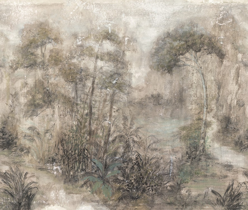 Fototapete in gezeichneter Wald beige, grün, braun Floral