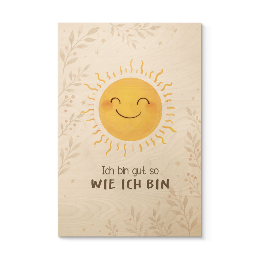 Holzbild mit strahlender Sonne - Affirmation 'Ich bin gut so wie ich bin' fürs Kinderzimmer