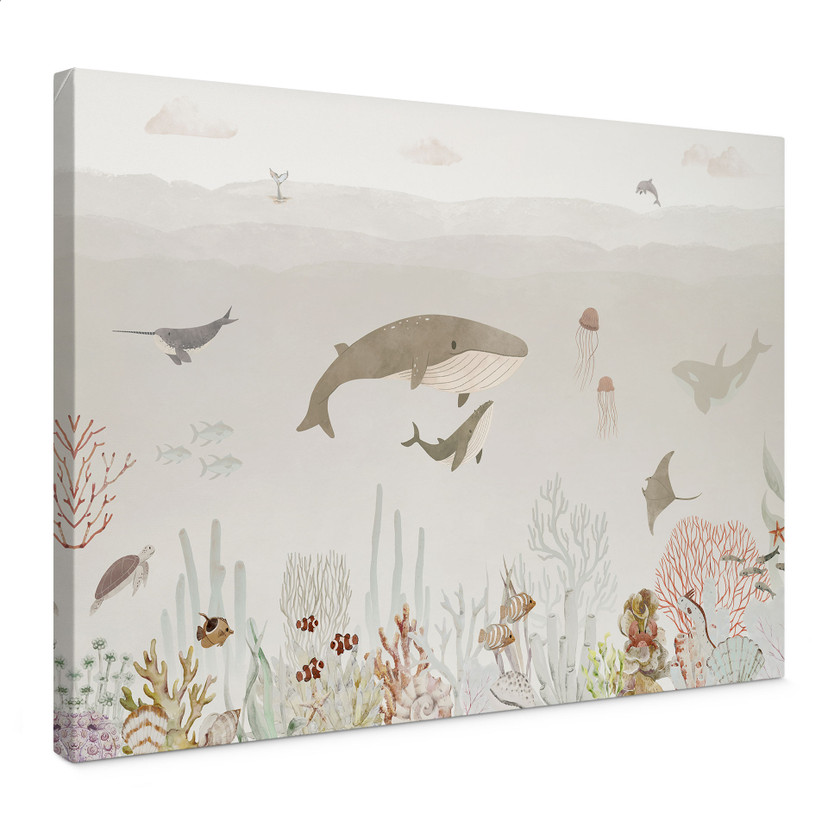 Tableau sur toile Baleines et leurs amis dans le monde sous-marin - Chambre d'enfant - Oliver Robins