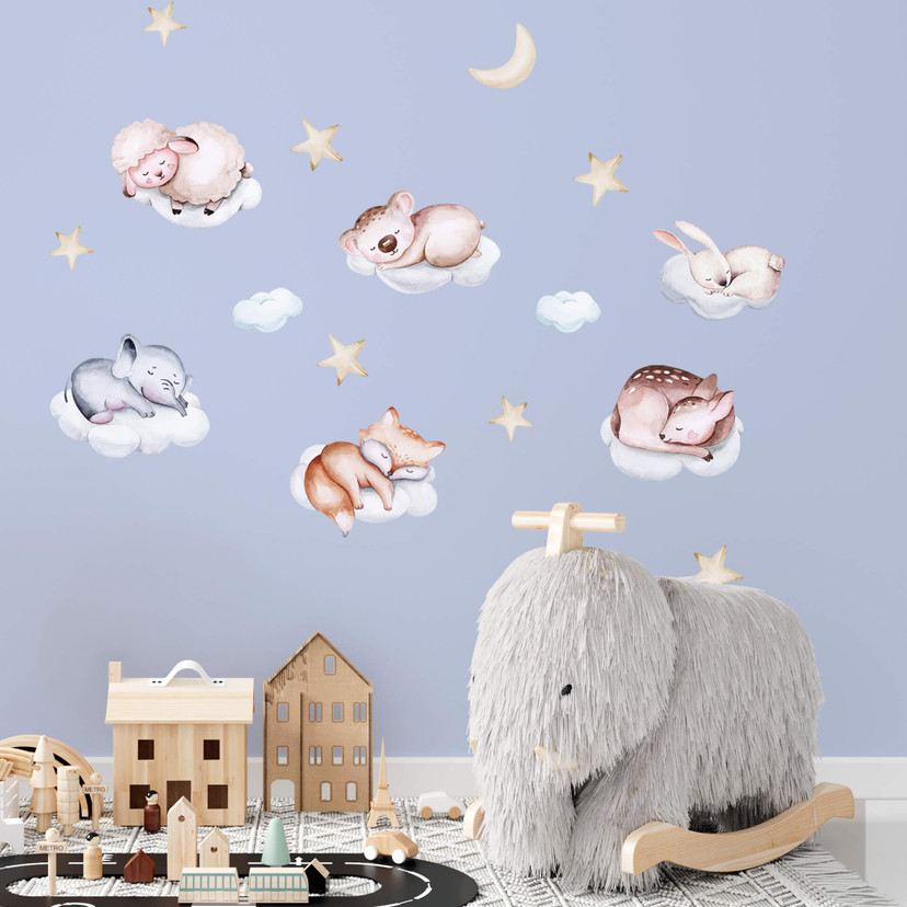 Sticker mural pour chambre d'enfant Animaux dormant sur des nuages avec lune et étoiles (16 pièces)