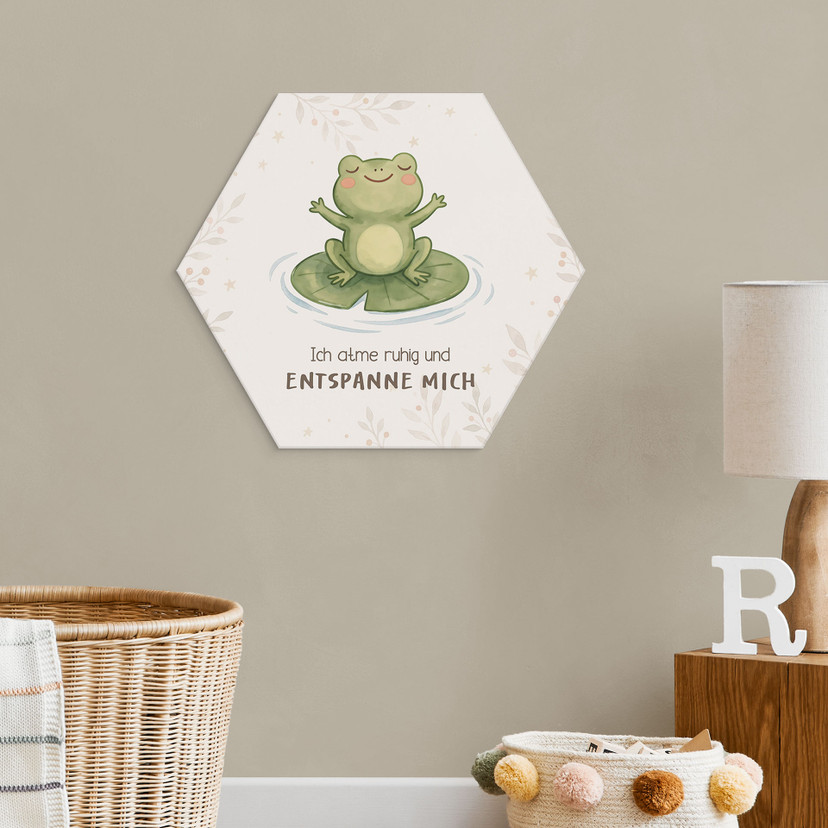 Alu-Dibond Hexagon mit Frosch - positiver Spruch 'Ich atme ruhig'