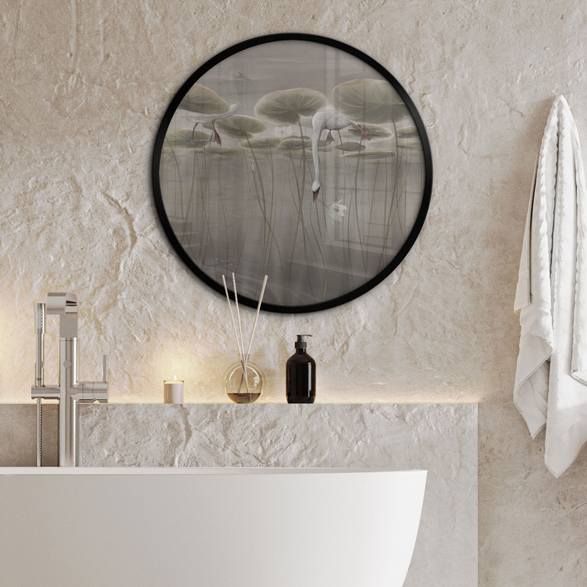 Poster Lotusbloemen met zwaan in water in grijs - Ms Tiff - Rond