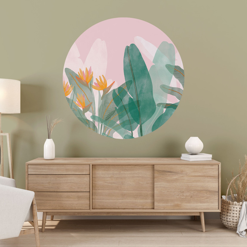 Wallsticker botanisk illustration i grøn og pink - Goed Blauw - Rund