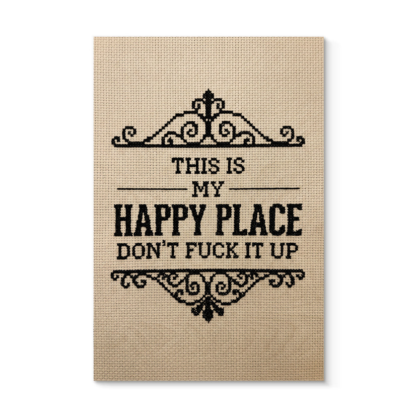 Houten Wanddecoratie Happy Place Spreuk Borduurpatroon - Magnusson