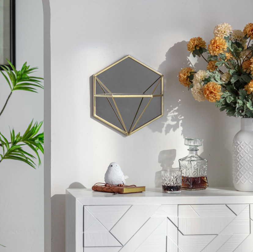 Wandregal Wandspiegel Geometrischer Diamant - Goldoptik - 30x35x13 cm