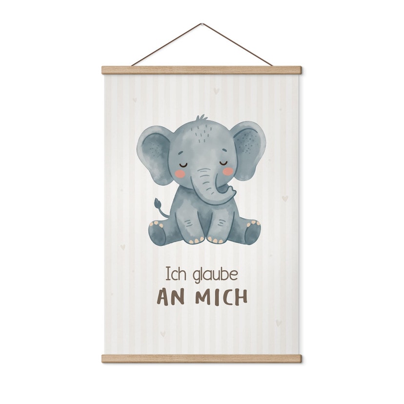 Stoffbild mit Elefant - Glaubenssatz 'Ich glaube an mich' für Kinder