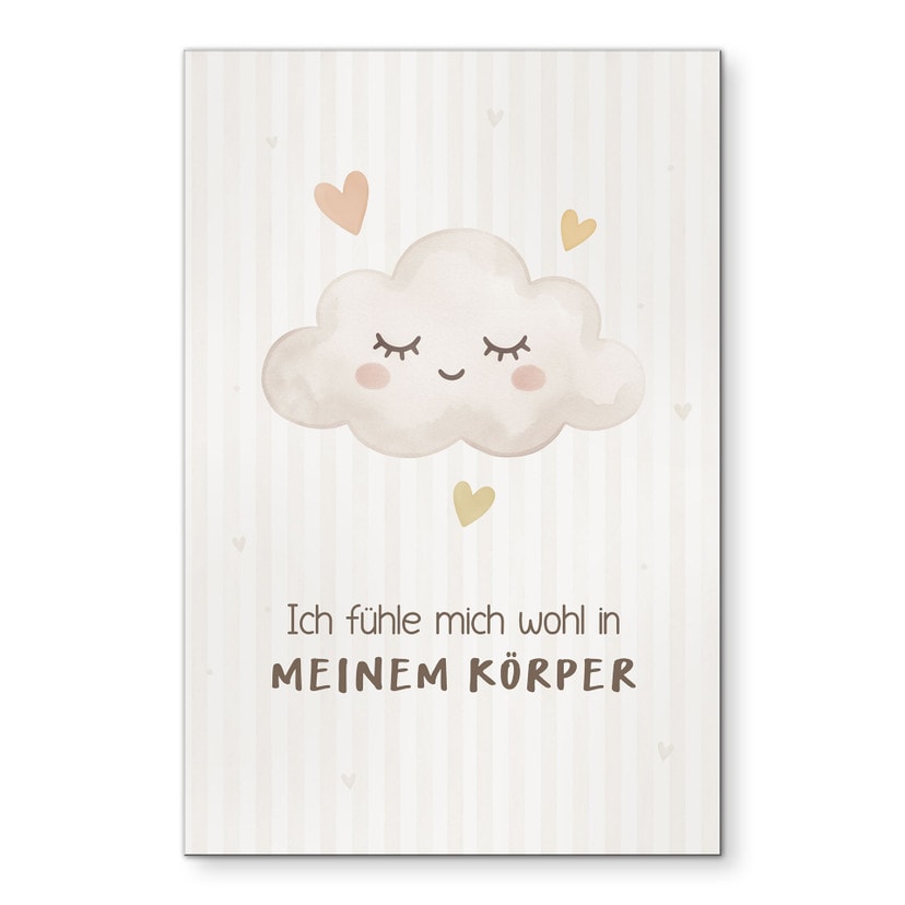 Alu-Dibond Wandbild mit Wolke - Kraftsatz 'Ich fühle mich wohl in meinem Körper' für Kinder