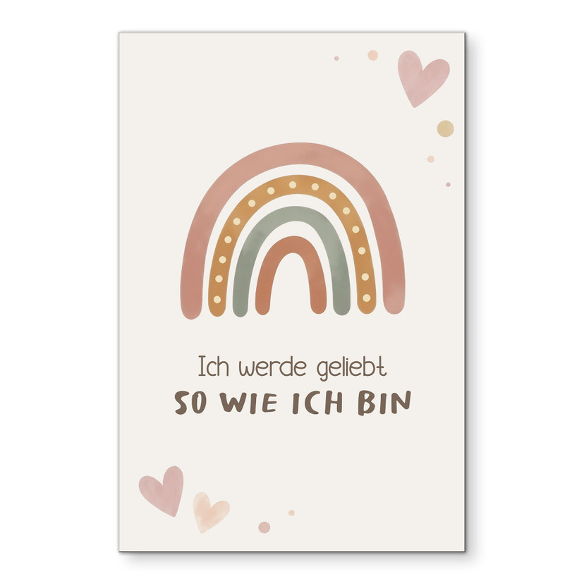 Alu-Dibond Wandbild mit Boho-Regenbogen - Kraftsatz 'Ich werde geliebt' für Kinder