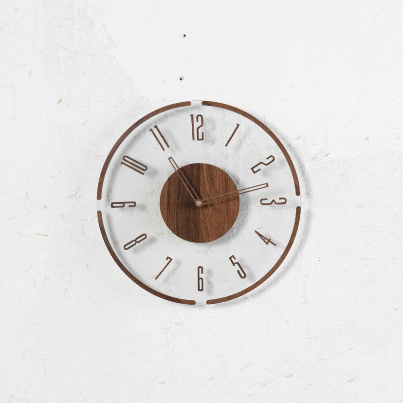 Moderne Glasuhr mit Holz, transparent/braun | Ø30 cm