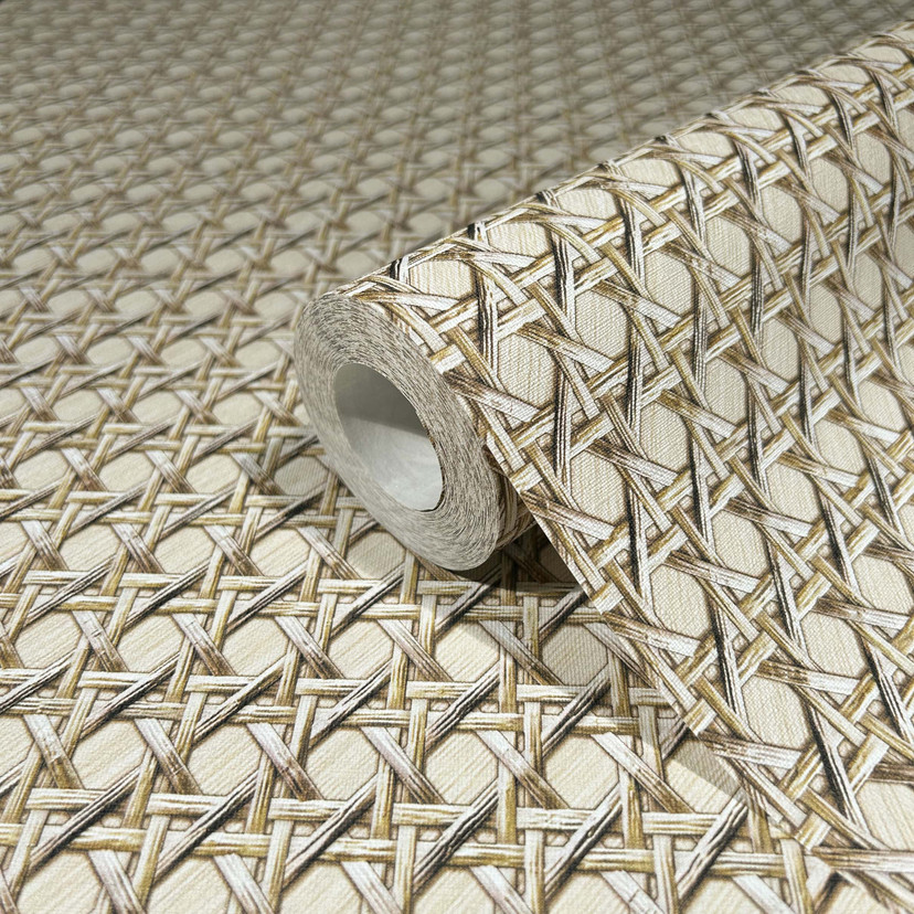non-woven tapet i trælook og vævet look beige trælook