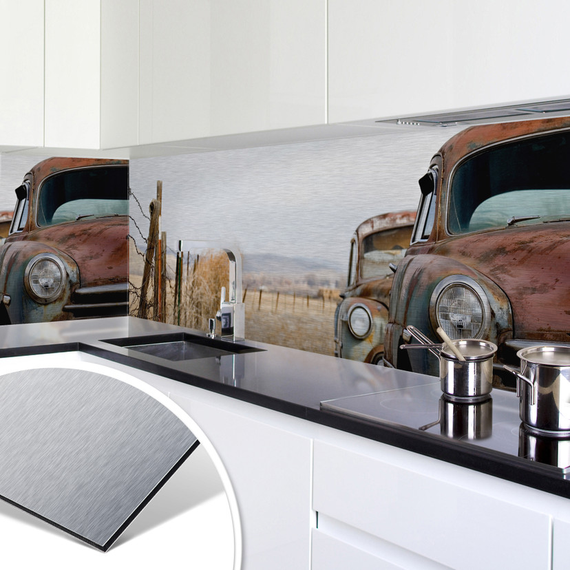 Küchenrückwand - Alu-Dibond-Silber - Old Rusted Cars