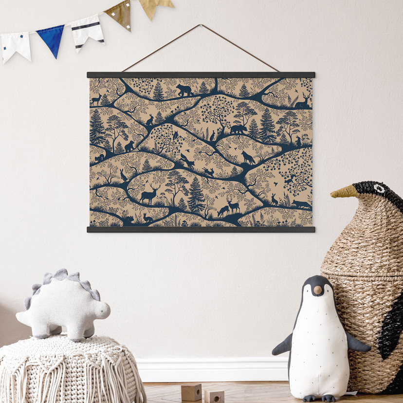 Kinderkamer Textielposter Dierensilhouetten in het noordse bos - Oliver Robins