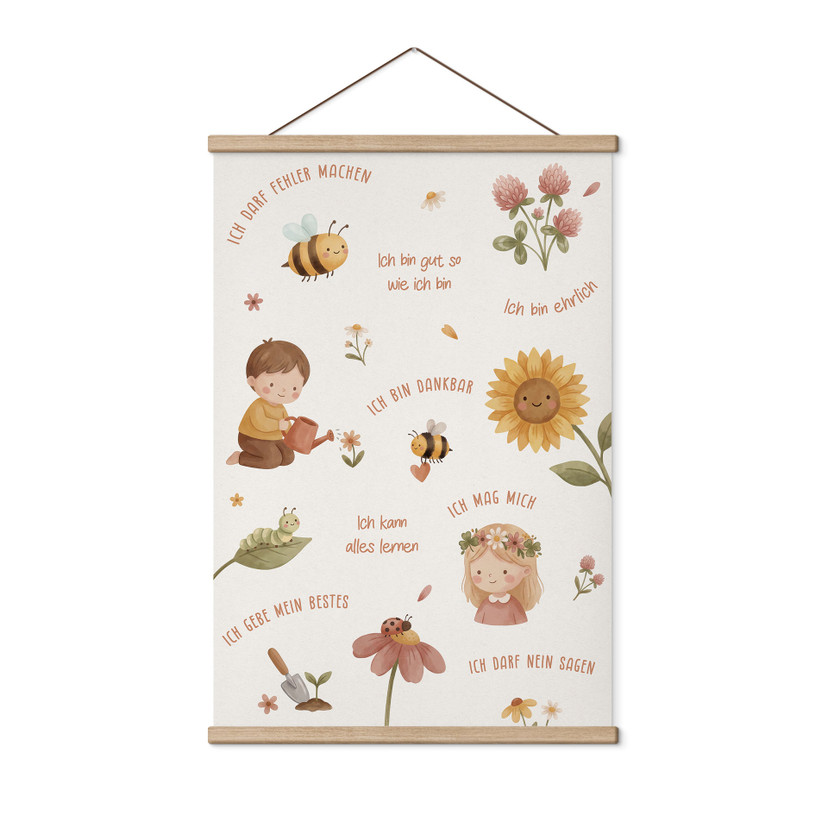 Stoffbild mit Affirmationen Blumen - Kraftsätze für Kinder