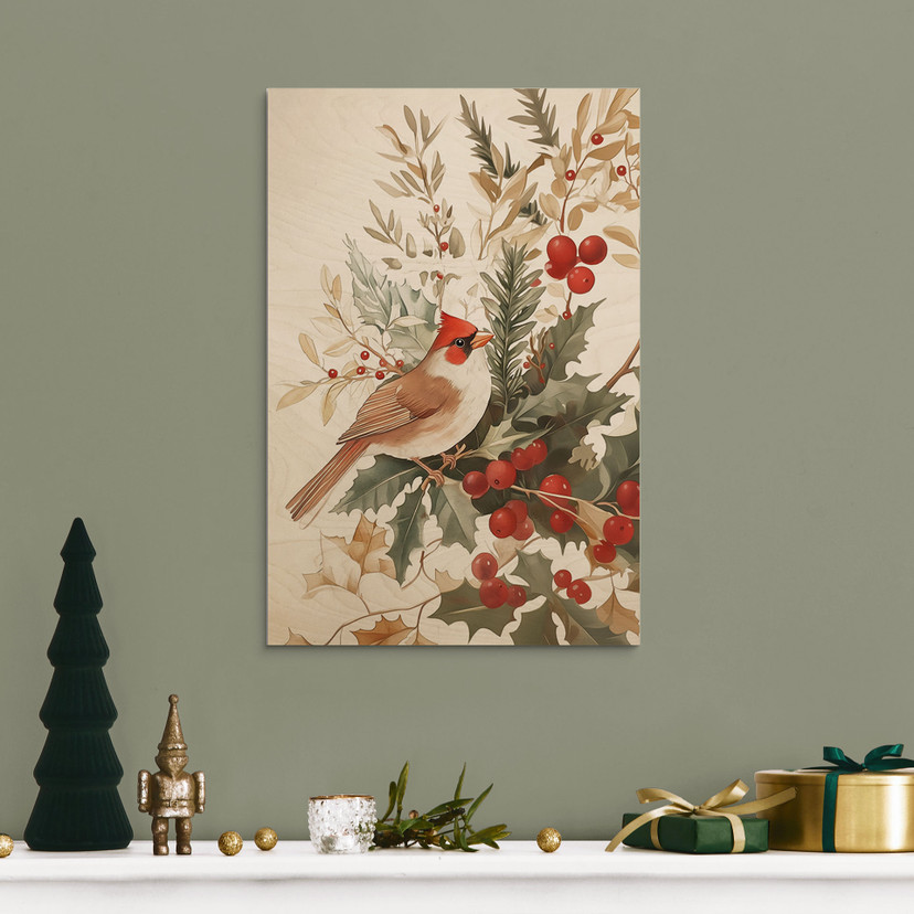 Stampa su legno uccello cardinale con ramo di bacche - Melloi Art Prints