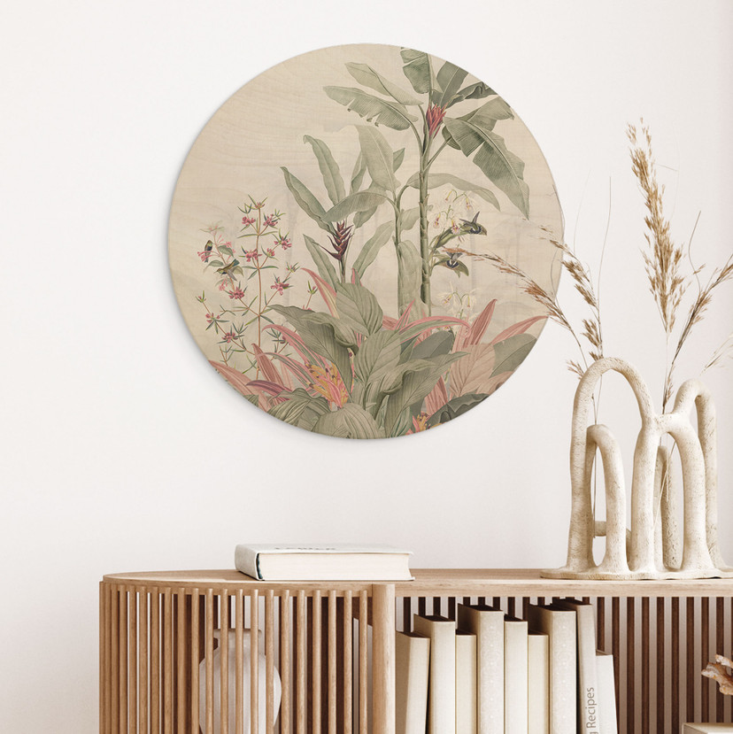 Obraz drewniany Tropikalna idylla z niebieskim kolibrem - Bloomery Decor - Okrągły