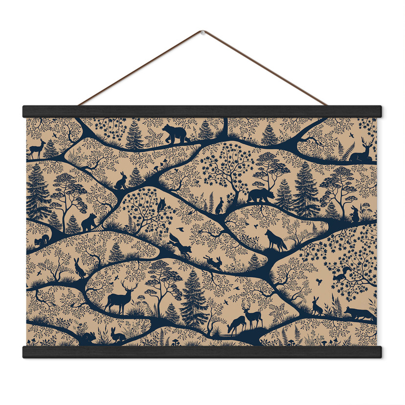 Kinderkamer Textielposter Dierensilhouetten in het noordse bos - Oliver Robins