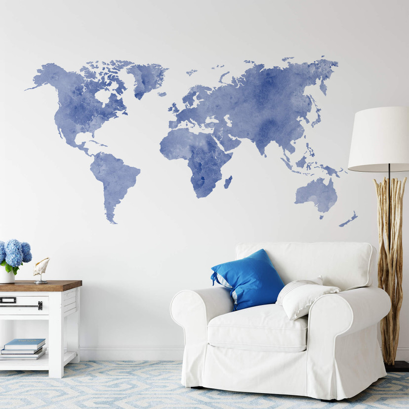 Wallsticker - Verdenskort Aquarel, blå
