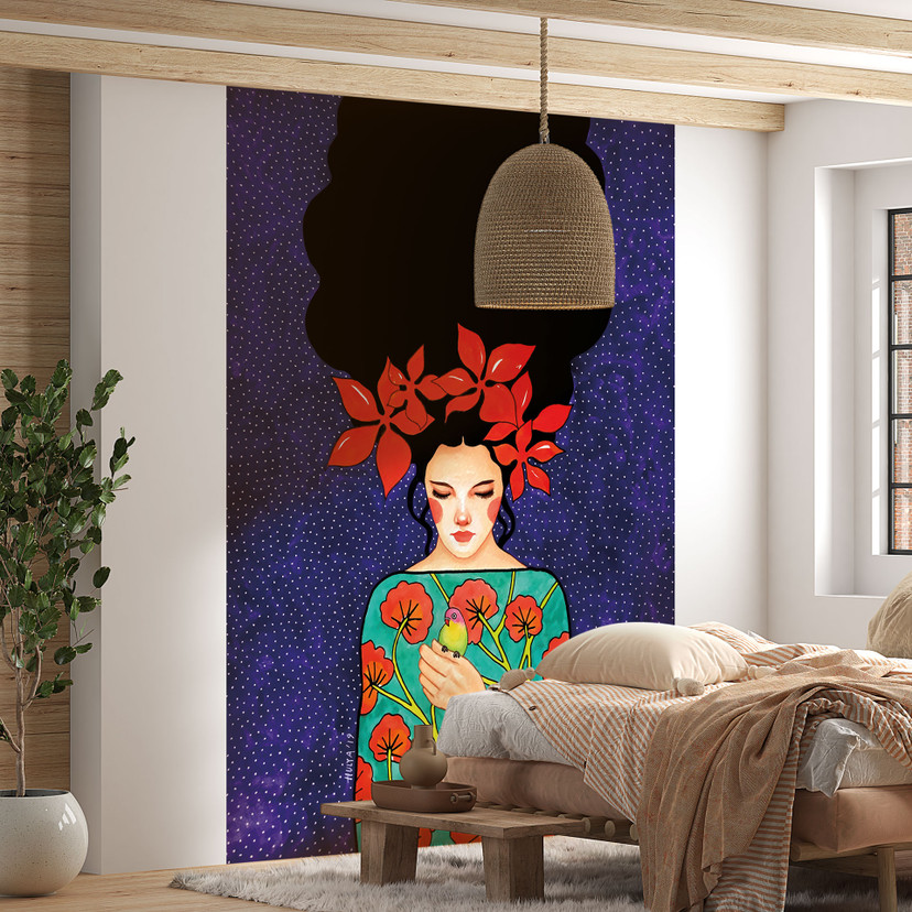 Papier peint photo Boho - femme avec couronne de fleurs rouges et oiseau - Hülya