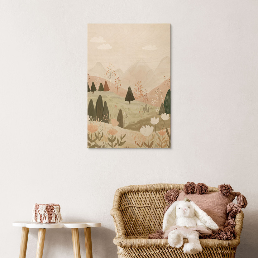 Tableau sur bois Pastel Paysage de montagne avec fleurs - Treechild