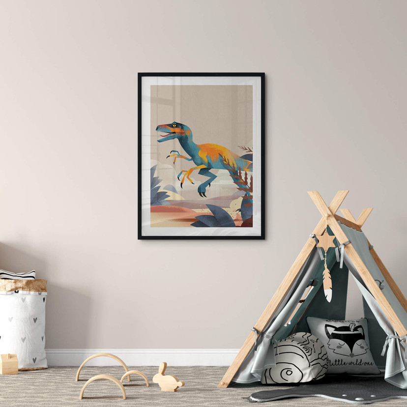 Plakat dla dzieci dinozaur - Velociraptor - brązowy