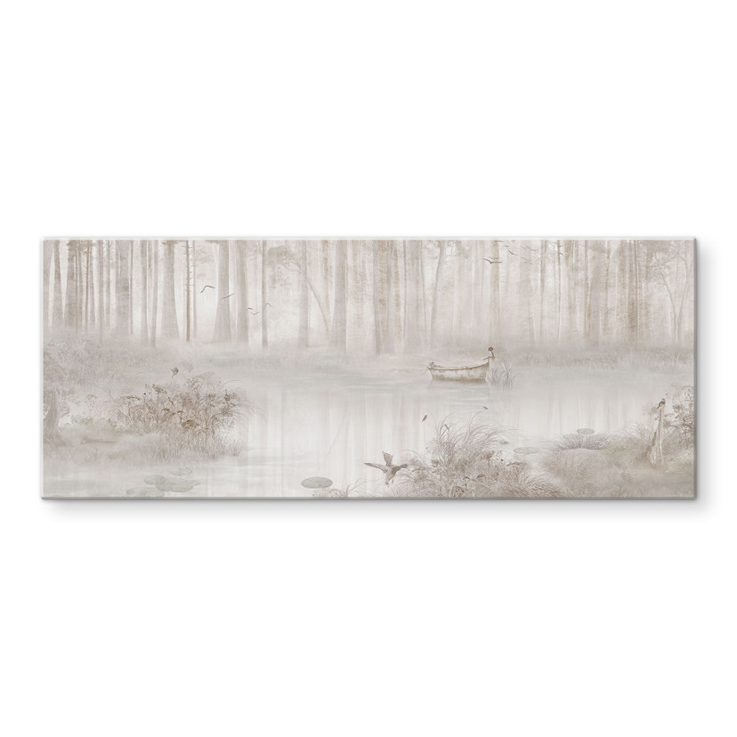 Spatscherm bos bij het meer in beige mist - Ms Tiff - Panorama