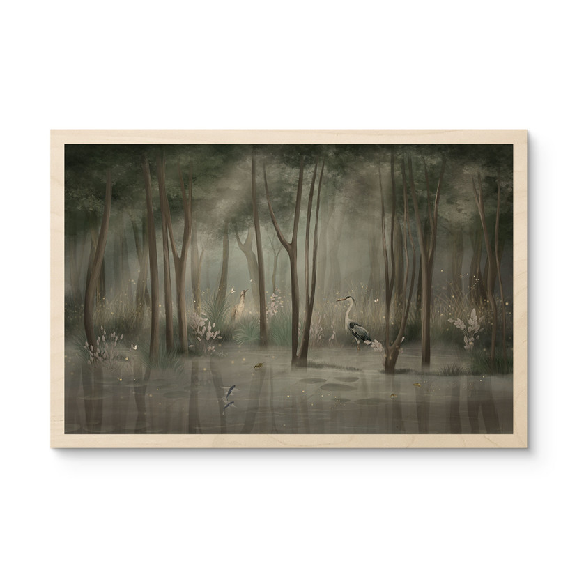 Houten Wanddecoratie wolkenbos bij een meer met reiger in het groen - Ms Tiff
