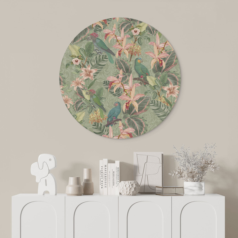Wanddecoratie Jungle met Papegaaien Groen - Bloemdecor - Alu-Dibond Rond