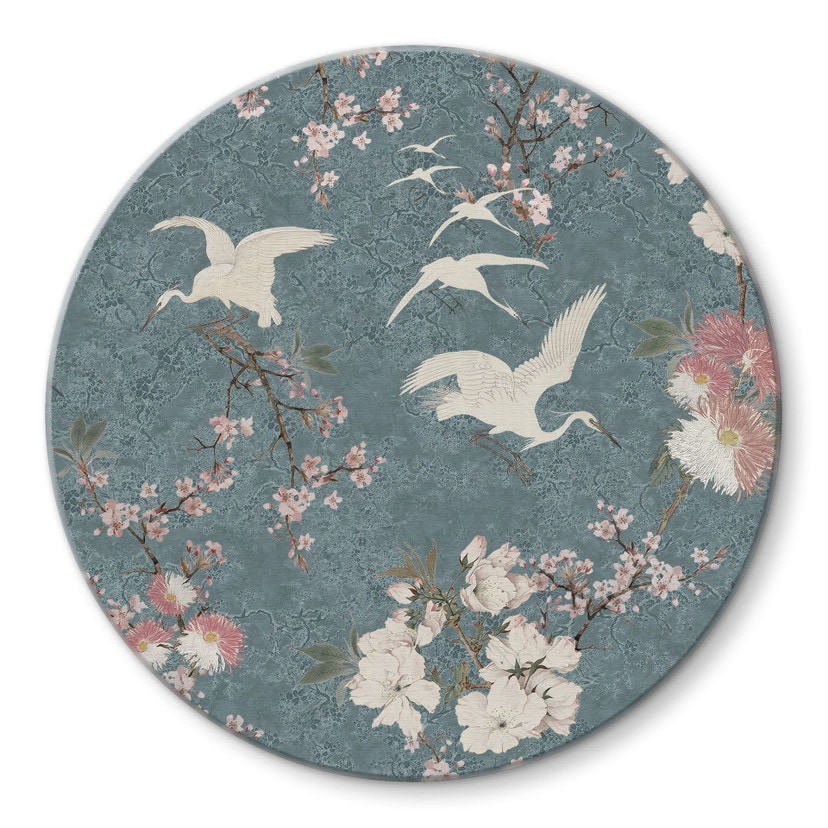 Glasschilderijen Kraanvogels in Kersenbloesem Rush Blauw - Bloemdecor - Rond