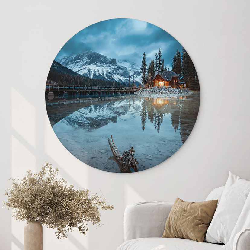 Wandbild Bergidylle am abendlichen See - Bing Li - Alu-Dibond Rund
