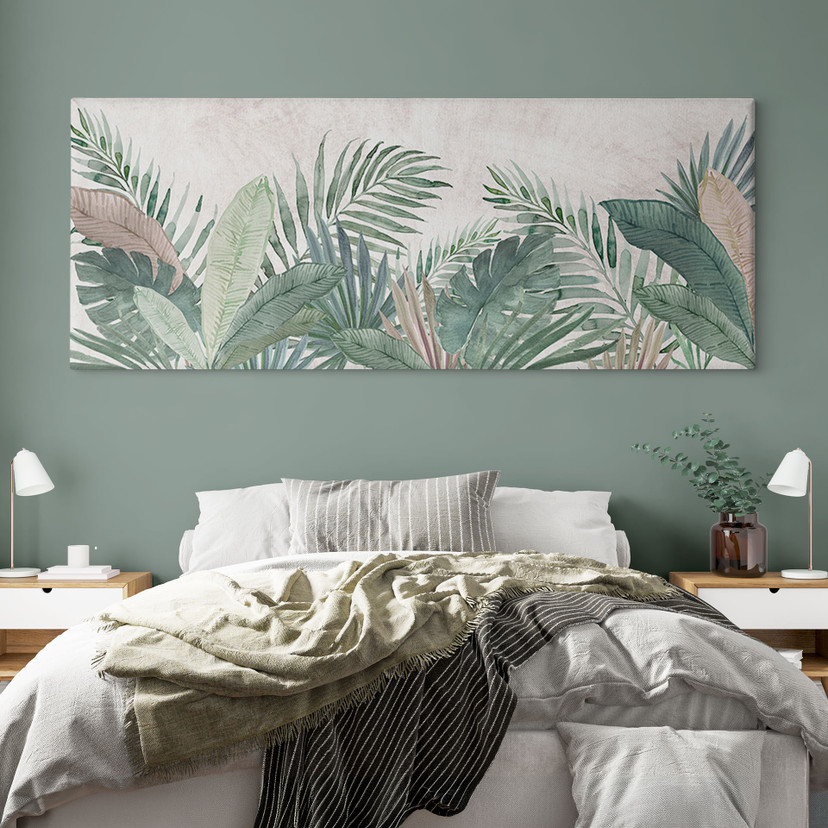 Canvasbillede Jungle Leaves Green Watercolour - Blomsterdekoration - Panorama