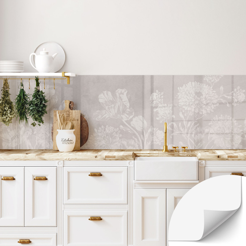 Revêtement pour cuisine autocollant Fleurs sauvages aspect craie Beige - Bloomery Decor