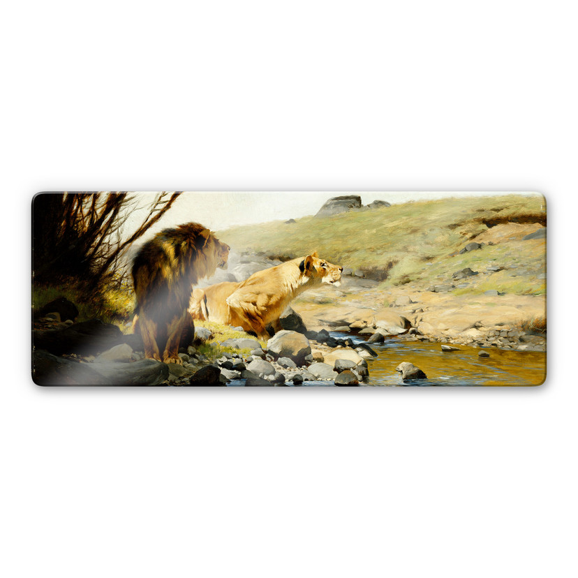 Tableau en verre - Kuhnert - Un lion et une lionne au bord d'un ruisseau
