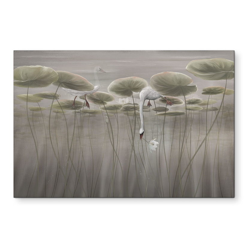 Wanddecoratie lotusbloemen met zwaan in water in grijs - Ms Tiff - Alu-Dibond
