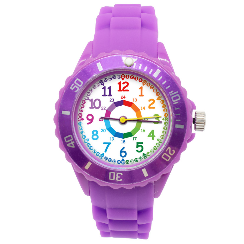 Kinder Armbanduhr - Lernuhr analog aus Silikon - Lila mit Regenbogen Zifferblatt