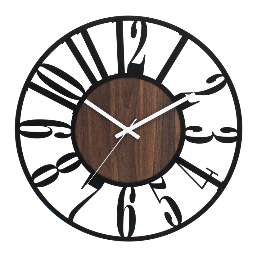Horloge murale design Dark Contrast avec finition en bois de noyer et chiffres arabes Ø50 cm