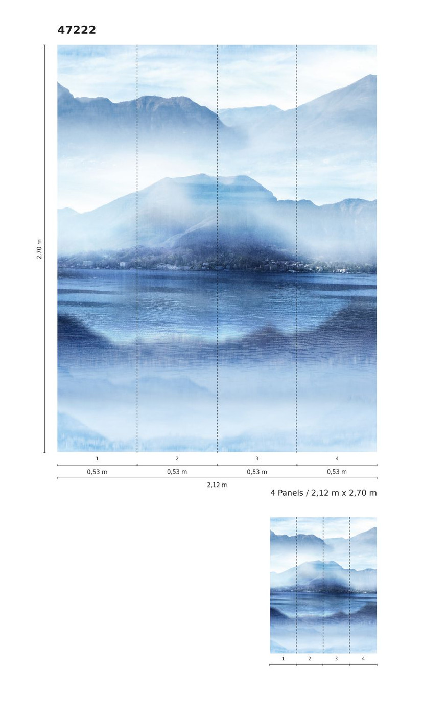 Tapet Fototapet med tågedal ved sø Blå, Grå, Illustration 2,70 x 2,12 m