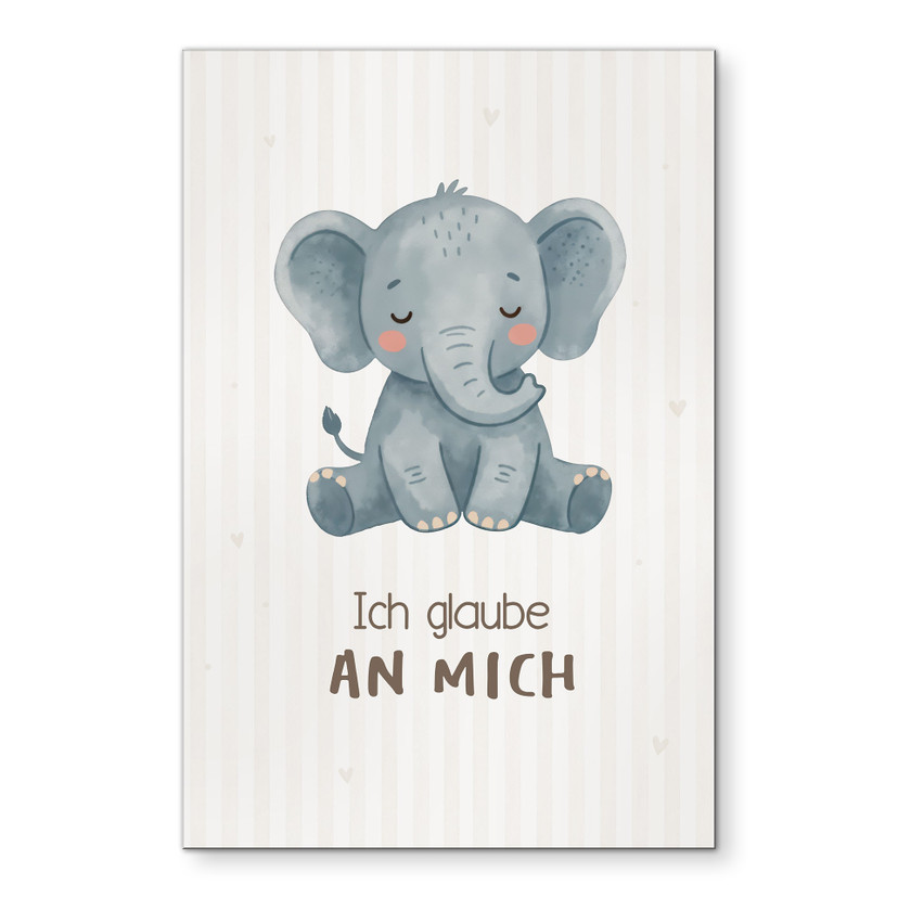 Alu-Dibond Wandbild mit Elefant - Kraftsatz 'Ich glaube an mich' für Kinder