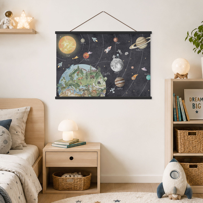Textielposter Zonnestelsel met planeten en de aarde - Ms Tiff