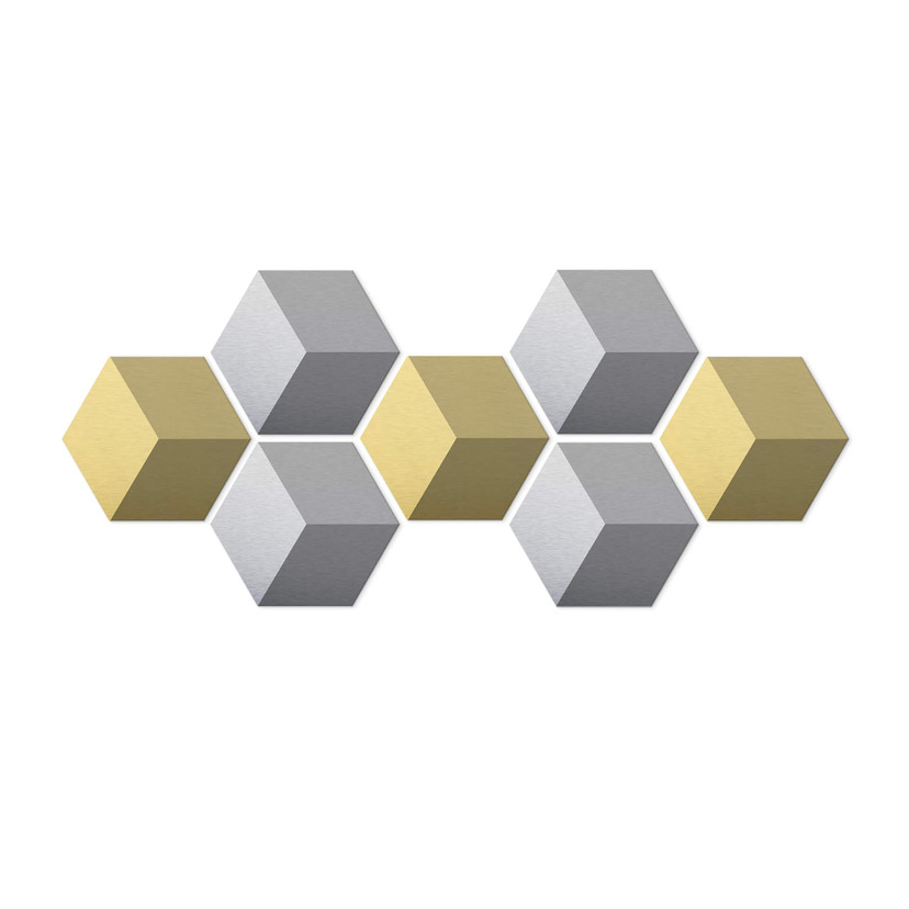 3D Hexagon Alu-Dibond sæt - Sølv og guld (sæt med 7)