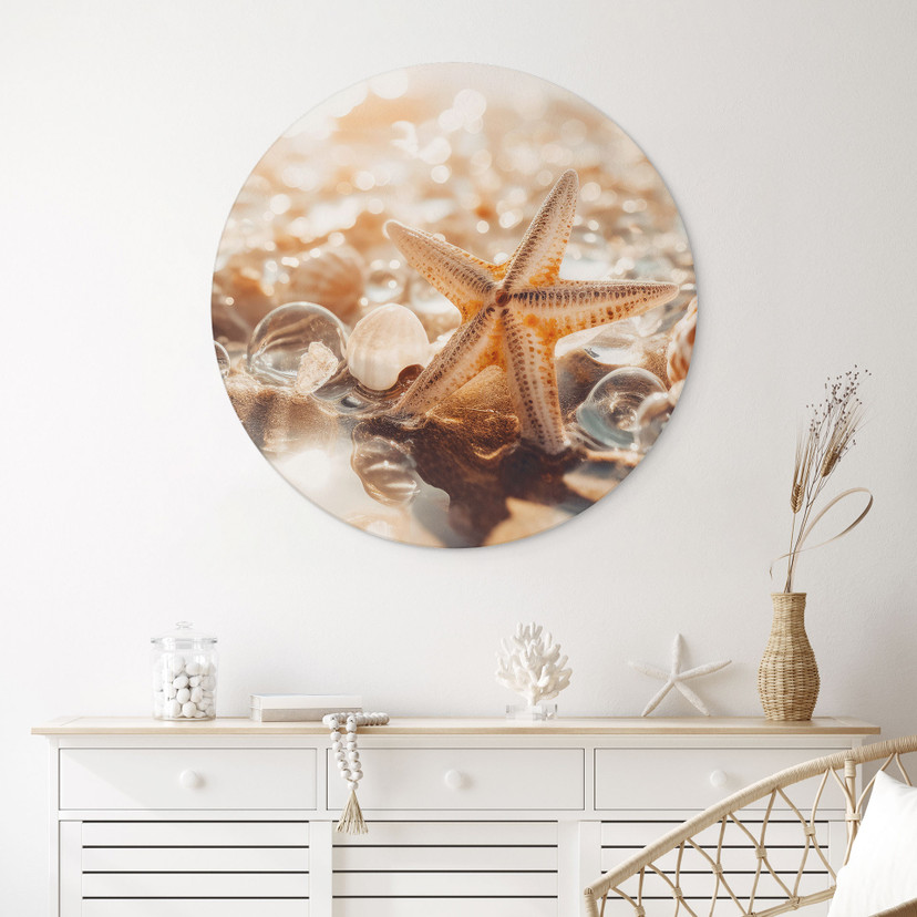 Billede Skaller på en solrig strand - Treechild - rund – print på aluminium (Alu-Dibond)