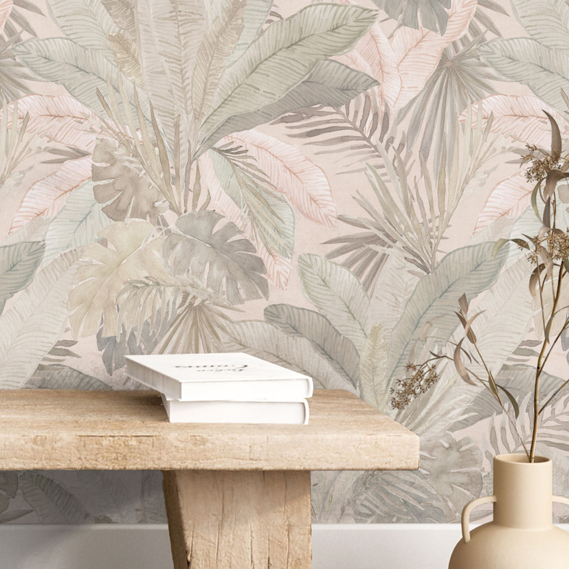 Tapet med mønster tropiske blade i pastelfarvet jungle - Bloomery Decor