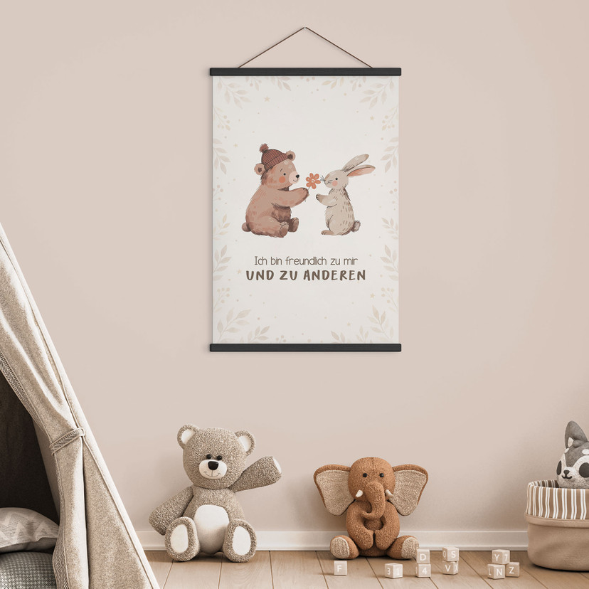 Stoffbild mit Bär und Hase - Kraftsatz 'Ich bin freundlich' für Kinder
