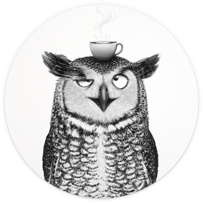 Papier peint photo Rond Hibou amusant avec café - Korenkova