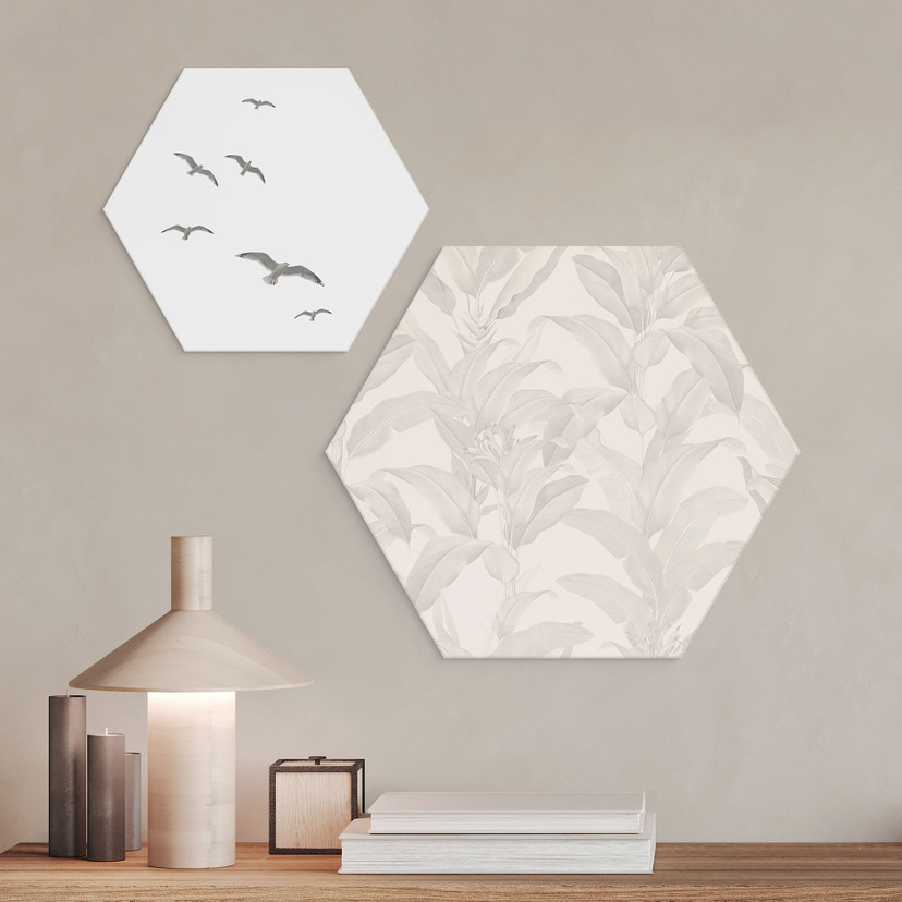Sekskantet Billede Urban Jungle Tropical Leaves Cream - Bloomery Decor - Aluminium Dibond