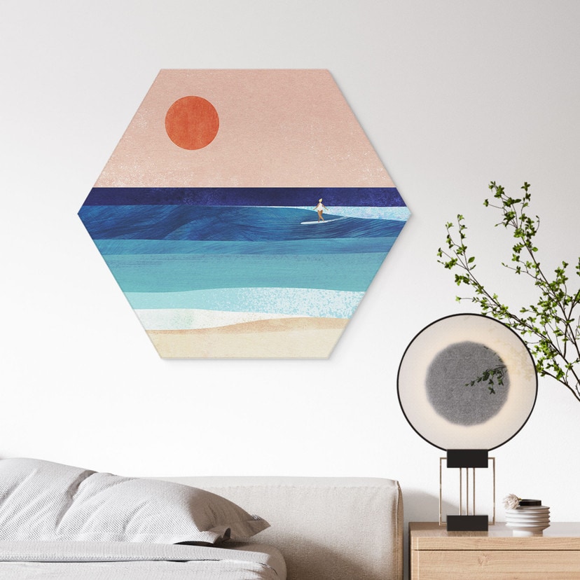 Hexagon Wandbild Surfer Mädchen beim Sonnenuntergang - Rivers - Alu-Dibond