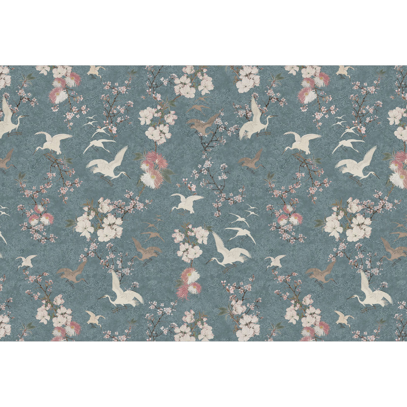 Papier peint style japandi - grues dans l'ivresse des fleurs de cerisier bleu - Bloomery Decor