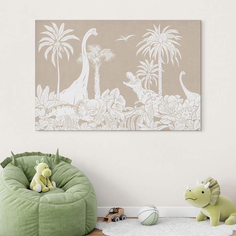 Billede Dinosaurer i den vilde jungle - Brun - Kikki Belle – print på aluminium (Alu-Dibond)