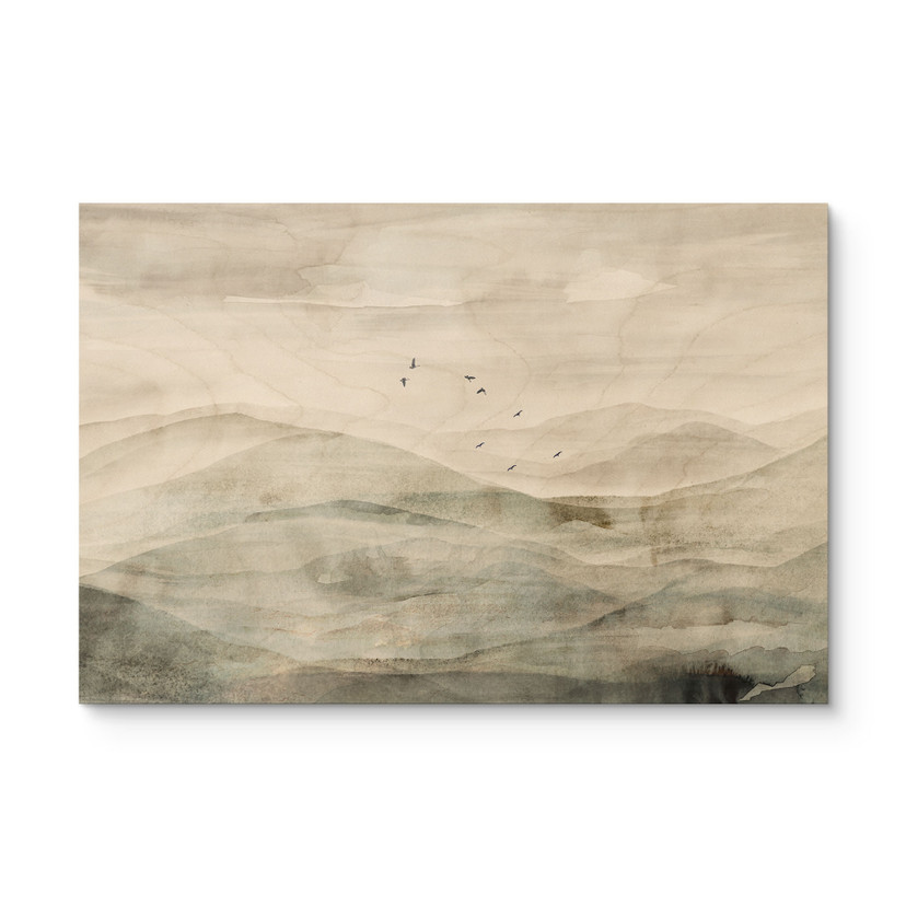 Houten Wanddecoratie Mistig berglandschap aquarel - Ms Tiff