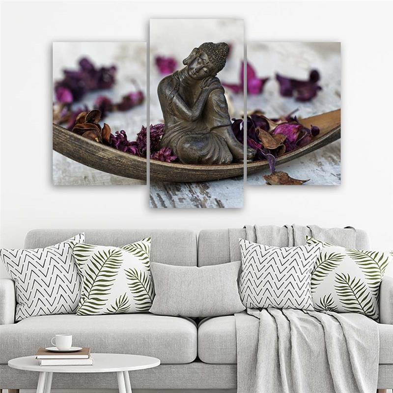 3 stykke lærredsprint, Buddha Zen blomster lilla