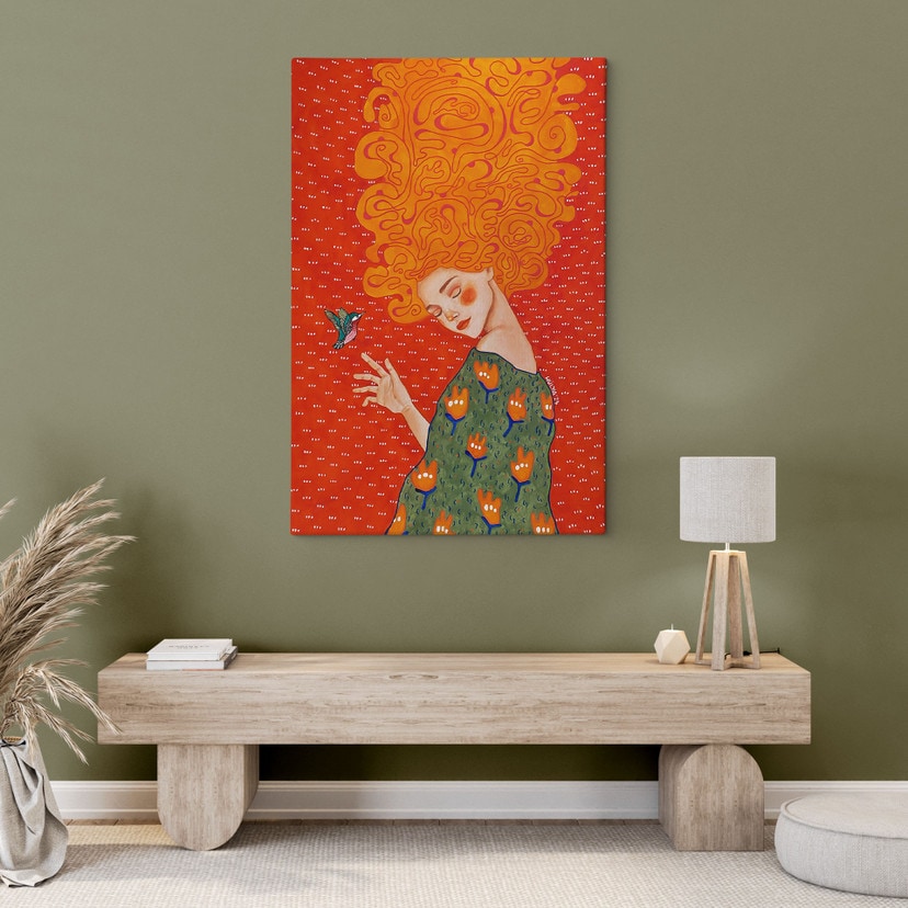 Tableau sur toile Colibri et femme dans la lumière rouge - Hülya